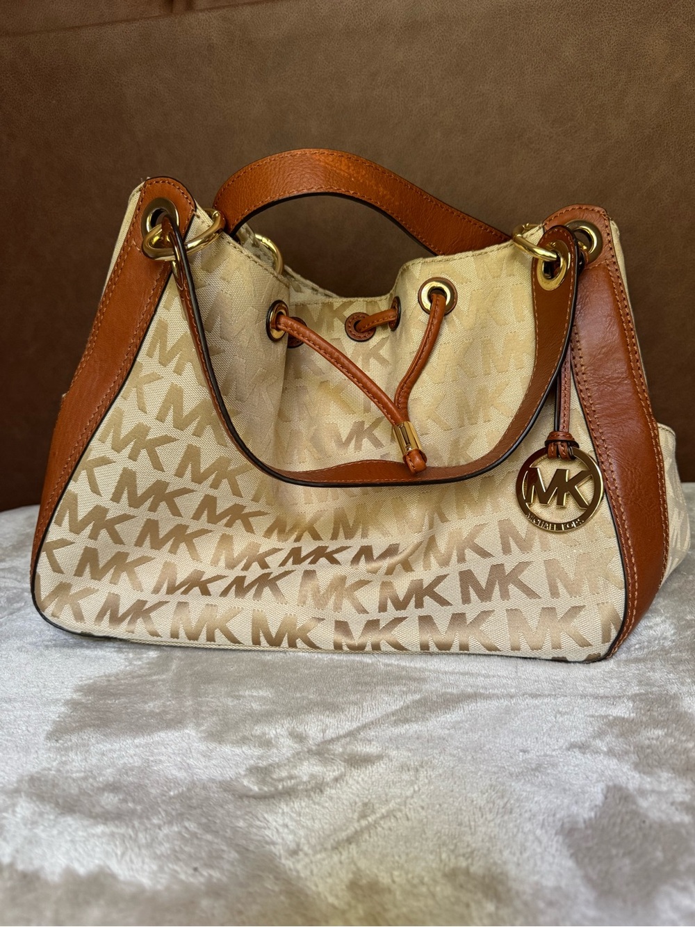 Michael Kors Tan and Beige Signature Drawstring Shoulder Bag